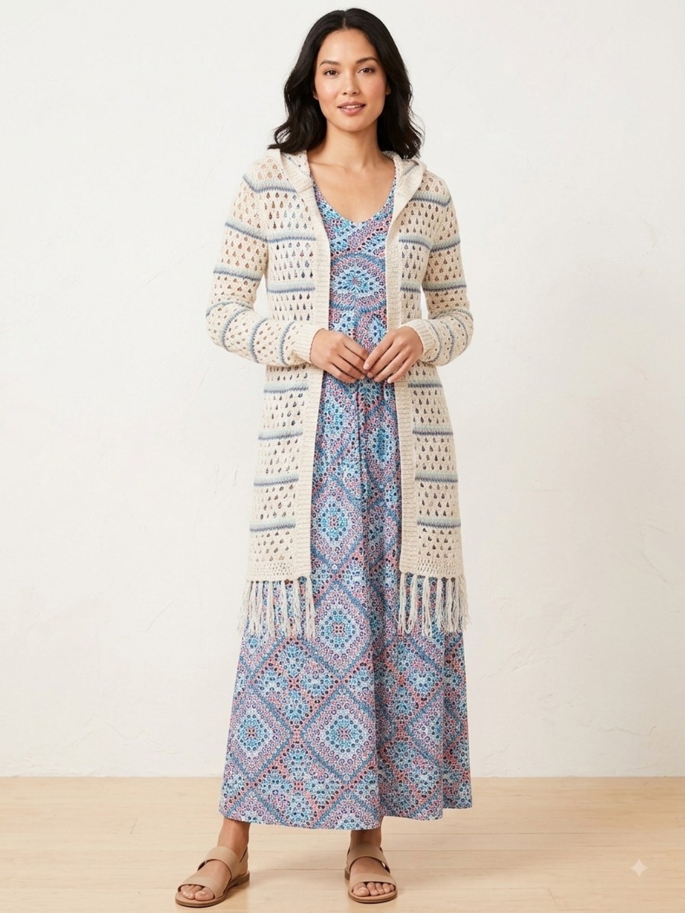 Hooded Crochet Open Knit Fringe Duster Cardigan Cream Blue Pink Stripe S